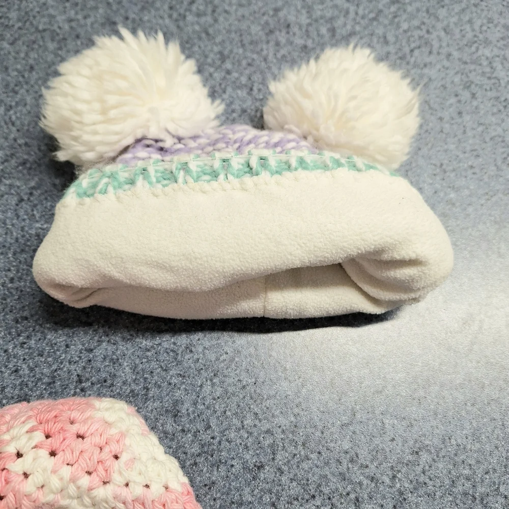 406 Yarn Creations Crocheted Cap & Two Pom Pom knit Hats 3-6 Months, NWOT